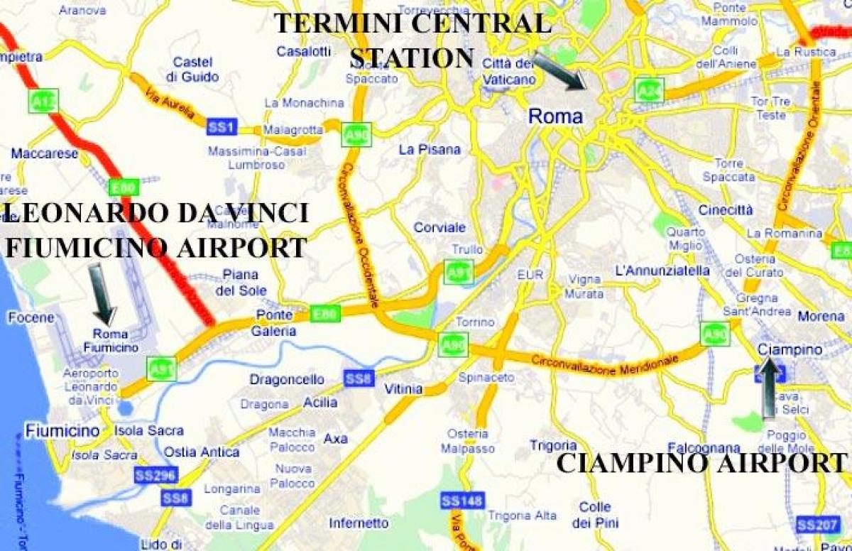 mapa Rzymu pokazuje lotnisk