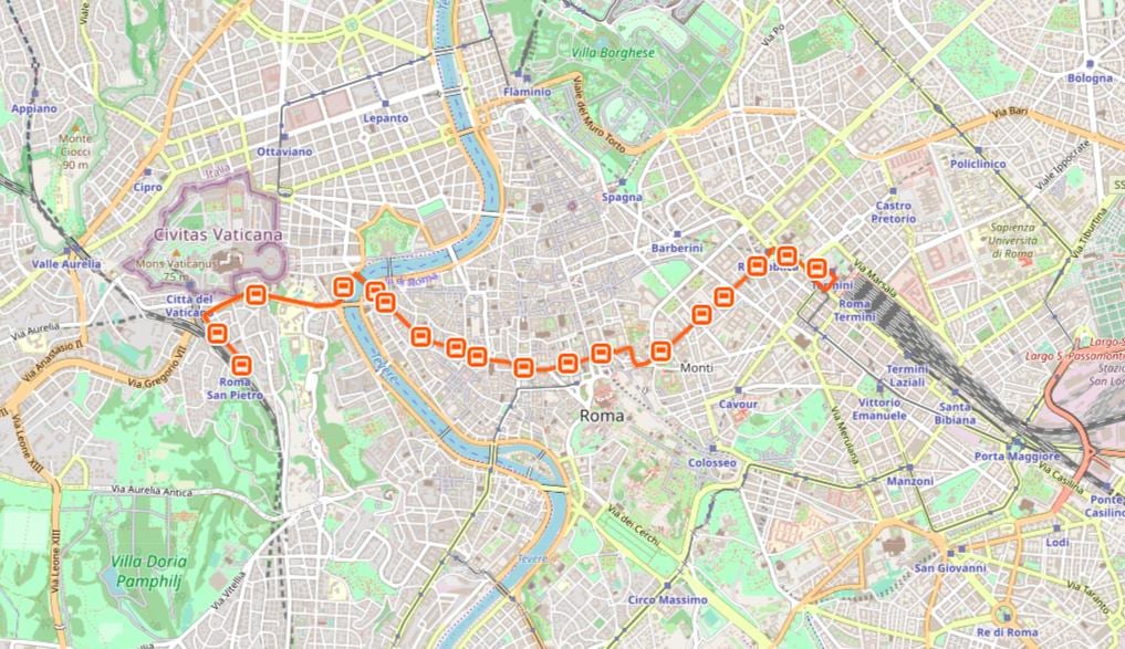 Mapa Rzymu autobusem 64 trasy