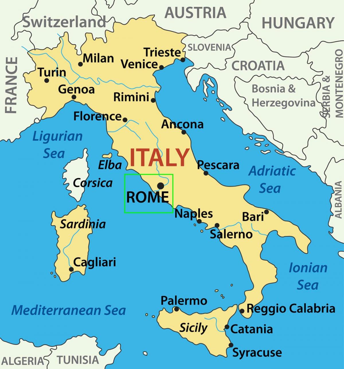 mapa pokazuje Włochy Rzym
